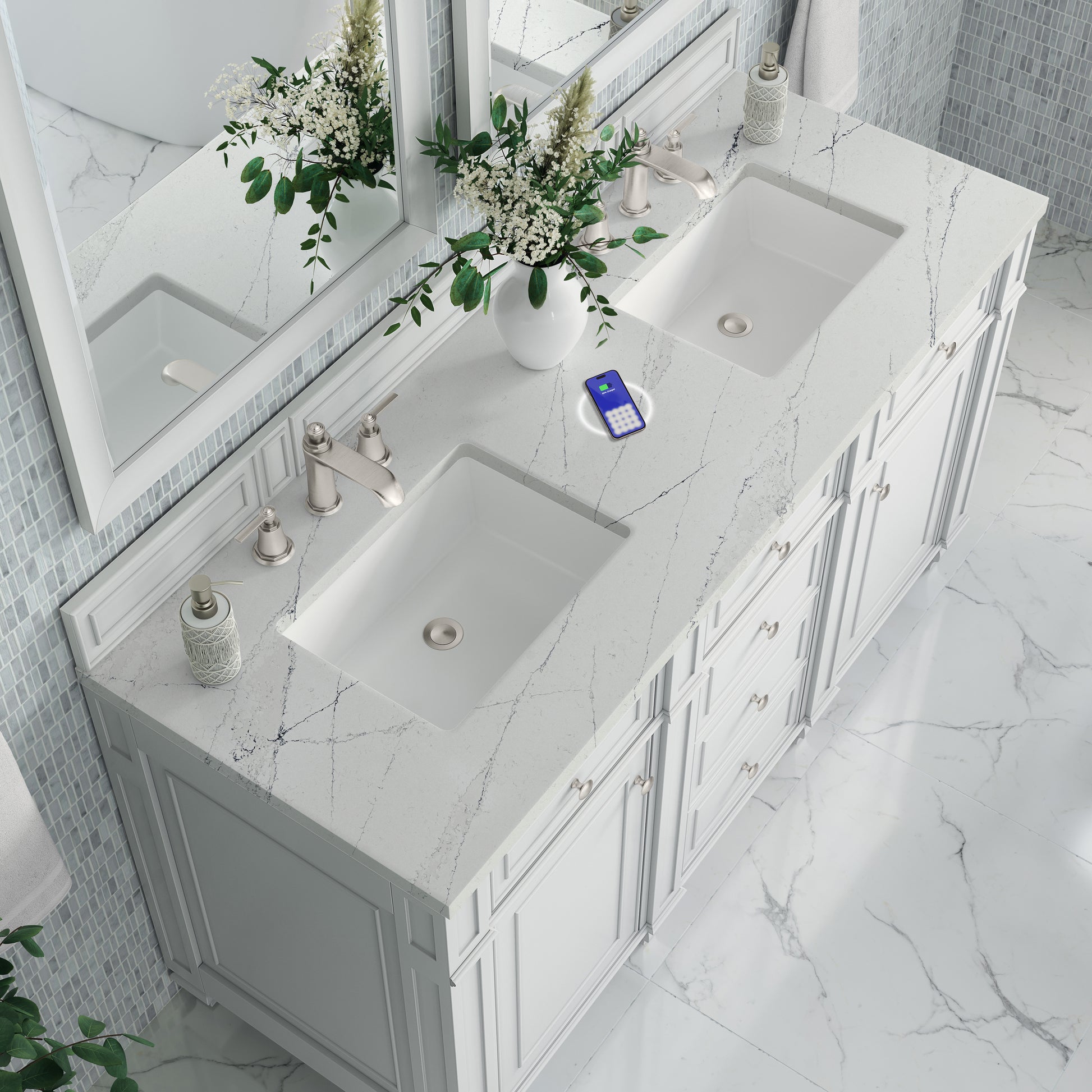 James Martin Vanities Bristol 60" Bright White Double Vanity With 3 cm Ethereal Noctis Silestone Top and FreePower Wireless Charger