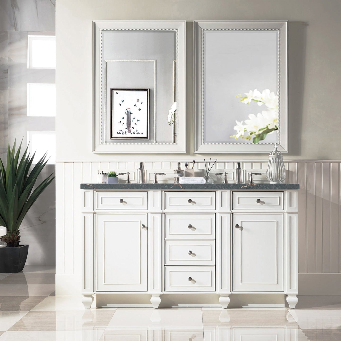 James Martin Vanities Bristol 60" Bright White Double Vanity With 3 cm Parisien Bleu Quartz Top