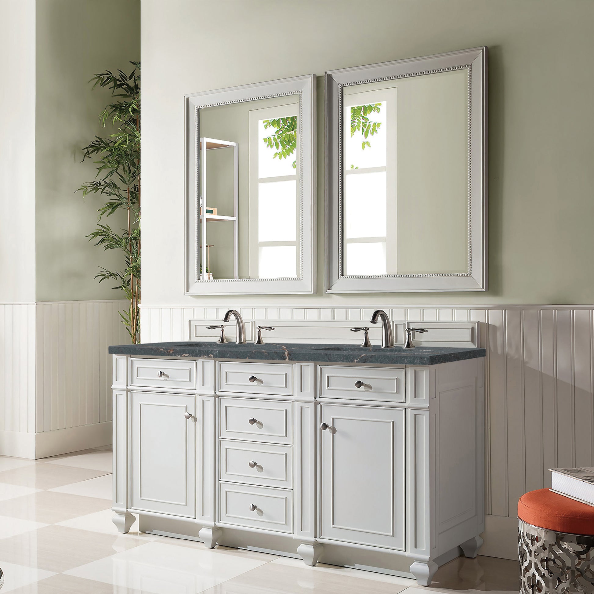 James Martin Vanities Bristol 60" Bright White Double Vanity With 3 cm Parisien Bleu Silestone Top and FreePower Wireless Charger