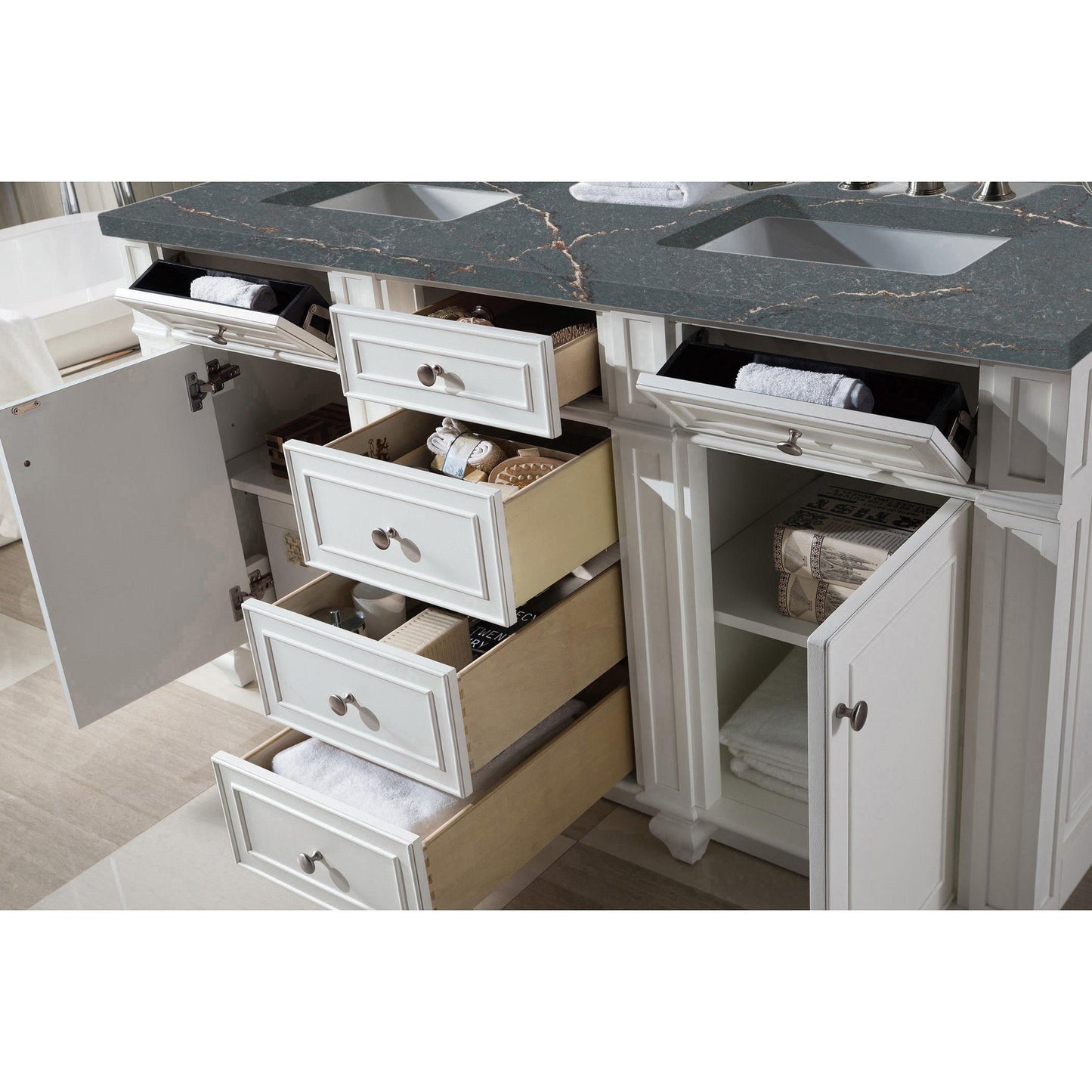 James Martin Vanities Bristol 60" Bright White Double Vanity With 3 cm Parisien Bleu Silestone Top and FreePower Wireless Charger