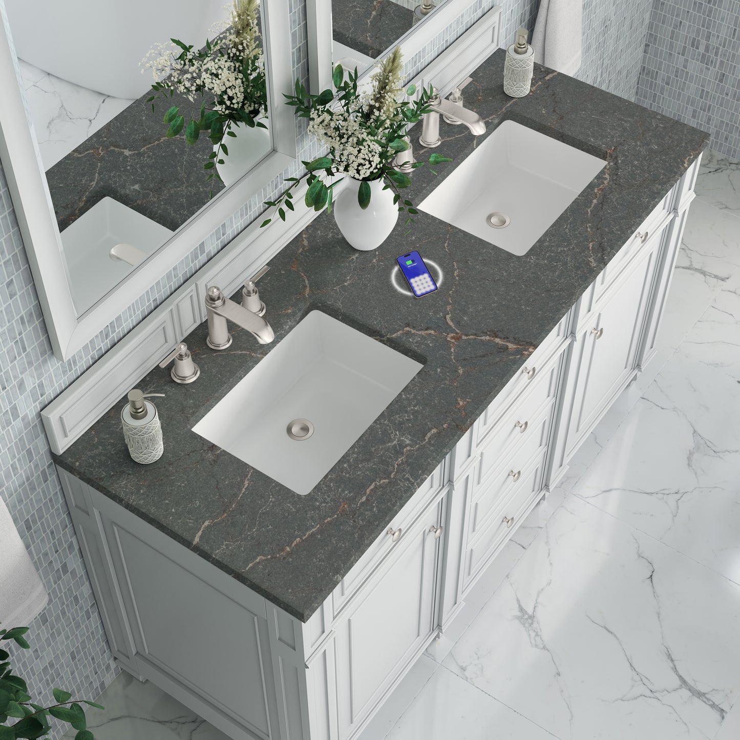 James Martin Vanities Bristol 60" Bright White Double Vanity With 3 cm Parisien Bleu Silestone Top and FreePower Wireless Charger