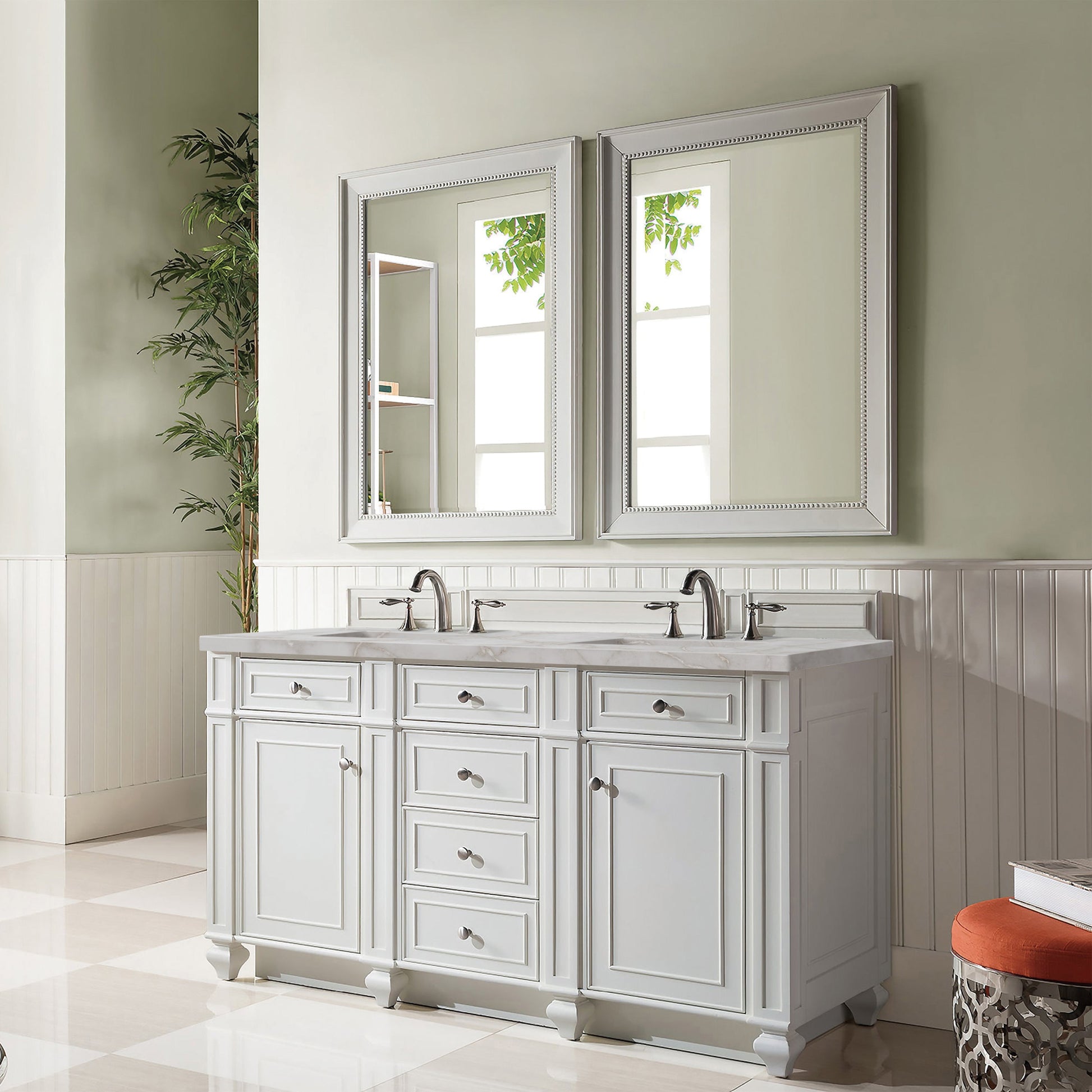 James Martin Vanities Bristol 60" Bright White Double Vanity With 3 cm Victorian Silver Quartz Top