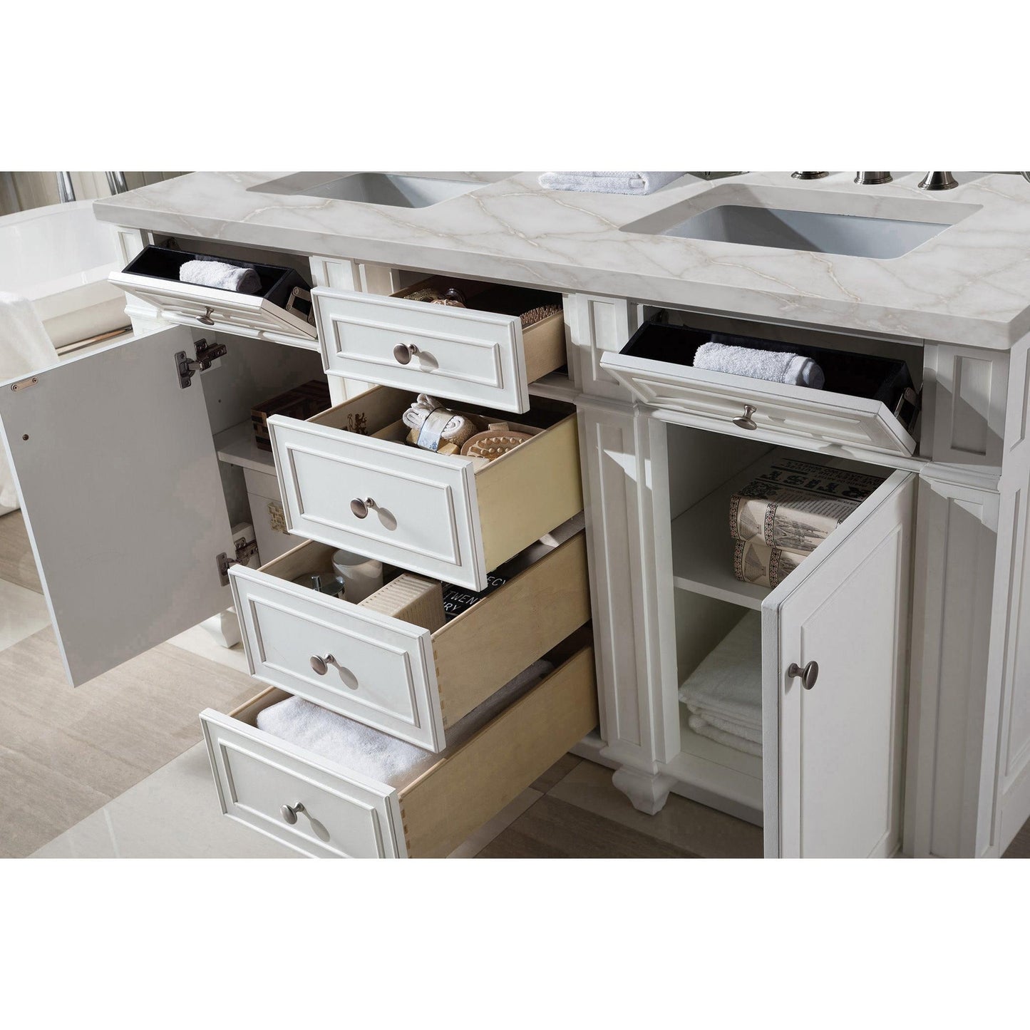 James Martin Vanities Bristol 60" Bright White Double Vanity With 3 cm Victorian Silver Silestone Top and FreePower Wireless Charger