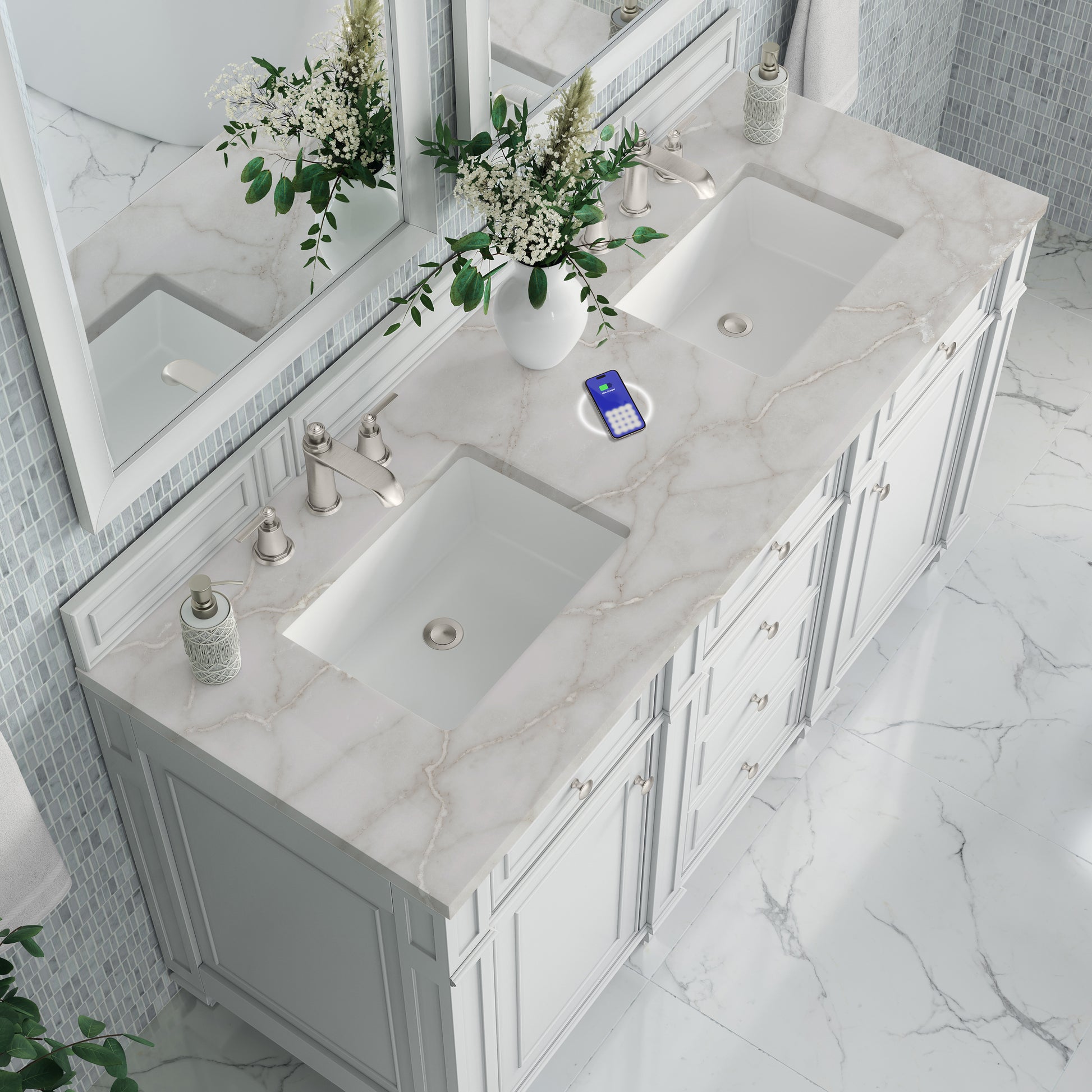 James Martin Vanities Bristol 60" Bright White Double Vanity With 3 cm Victorian Silver Silestone Top and FreePower Wireless Charger