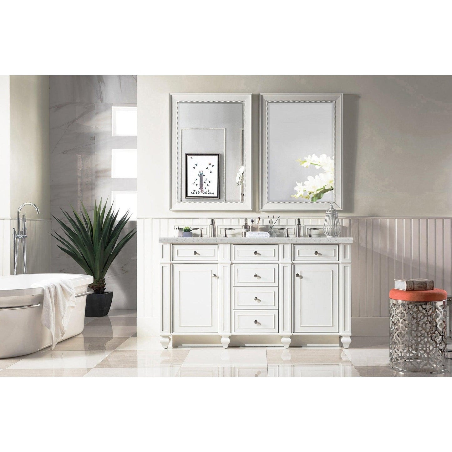 James Martin Vanities Bristol 60" Bright White Double Vanity With 3cm Eternal Jasmine Pearl Quartz Top