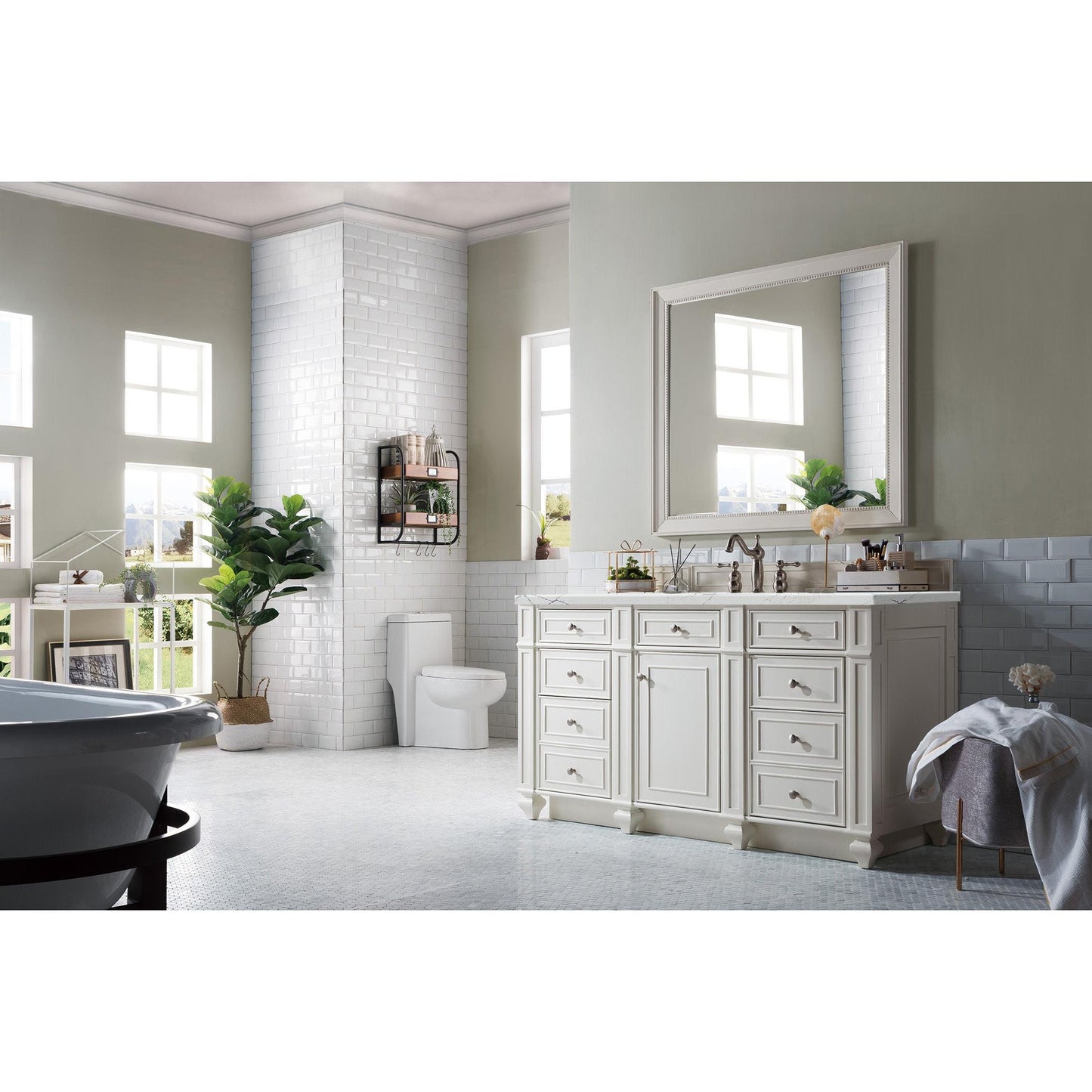James Martin Vanities Bristol 60" Bright White Single Vanity With 3 cm Ethereal Noctis Silestone Top and FreePower Wireless Charger