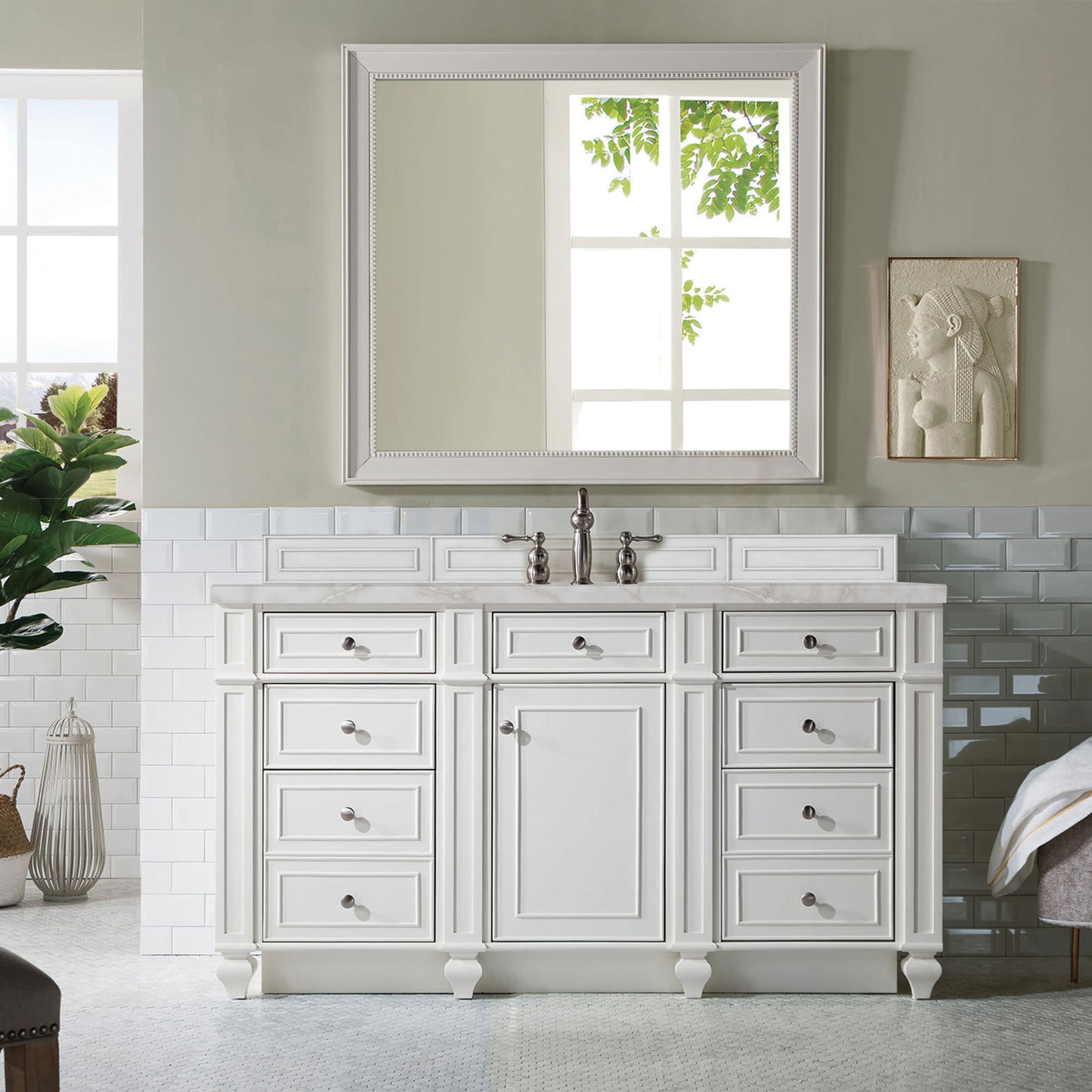 James Martin Vanities Bristol 60" Bright White Single Vanity With 3 cm Victorian Silver Silestone Top and FreePower Wireless Charger