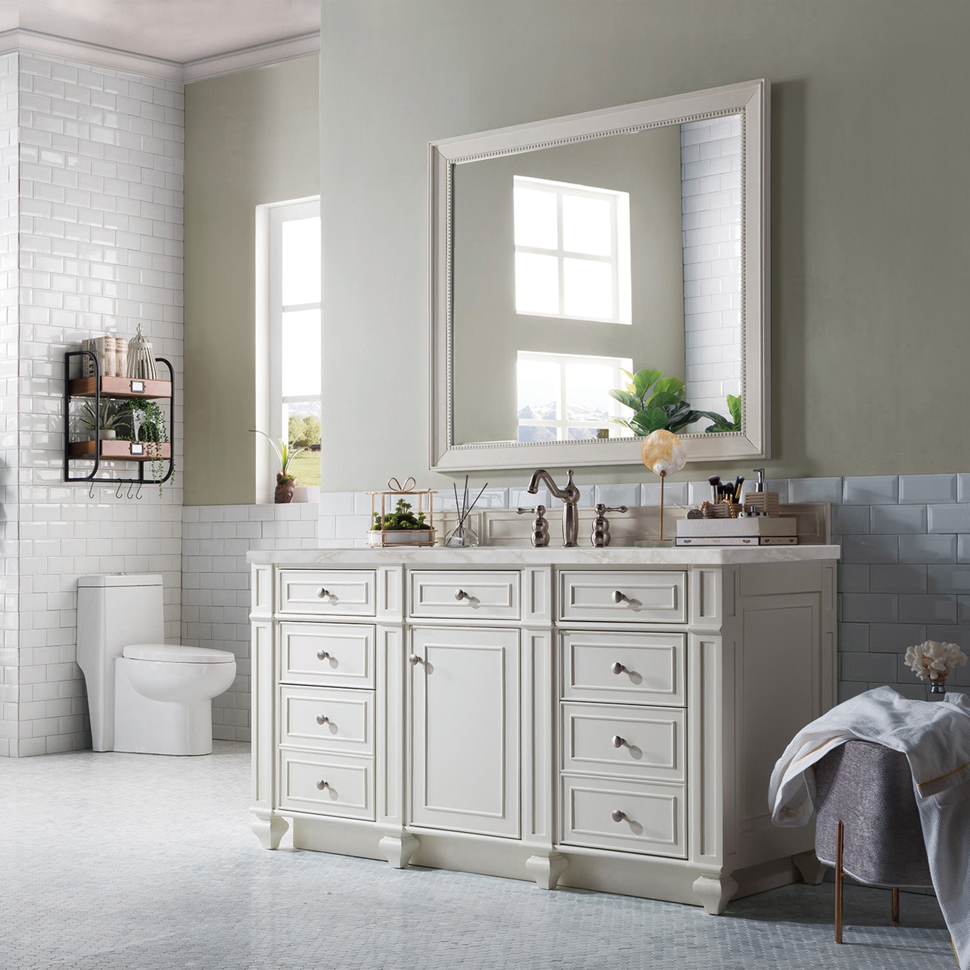 James Martin Vanities Bristol 60" Bright White Single Vanity With 3 cm Victorian Silver Silestone Top and FreePower Wireless Charger