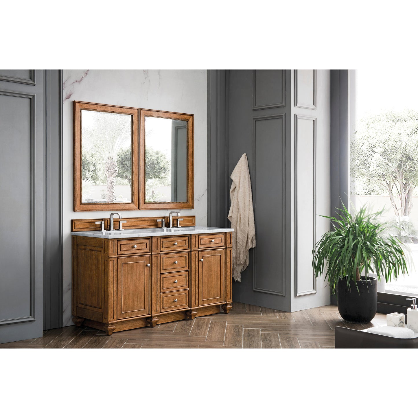 James Martin Vanities Bristol 60" Saddle Brown Double Vanity With 3 cm Eternal Jasmine Pearl Silestone Top and FreePower Wireless Charger