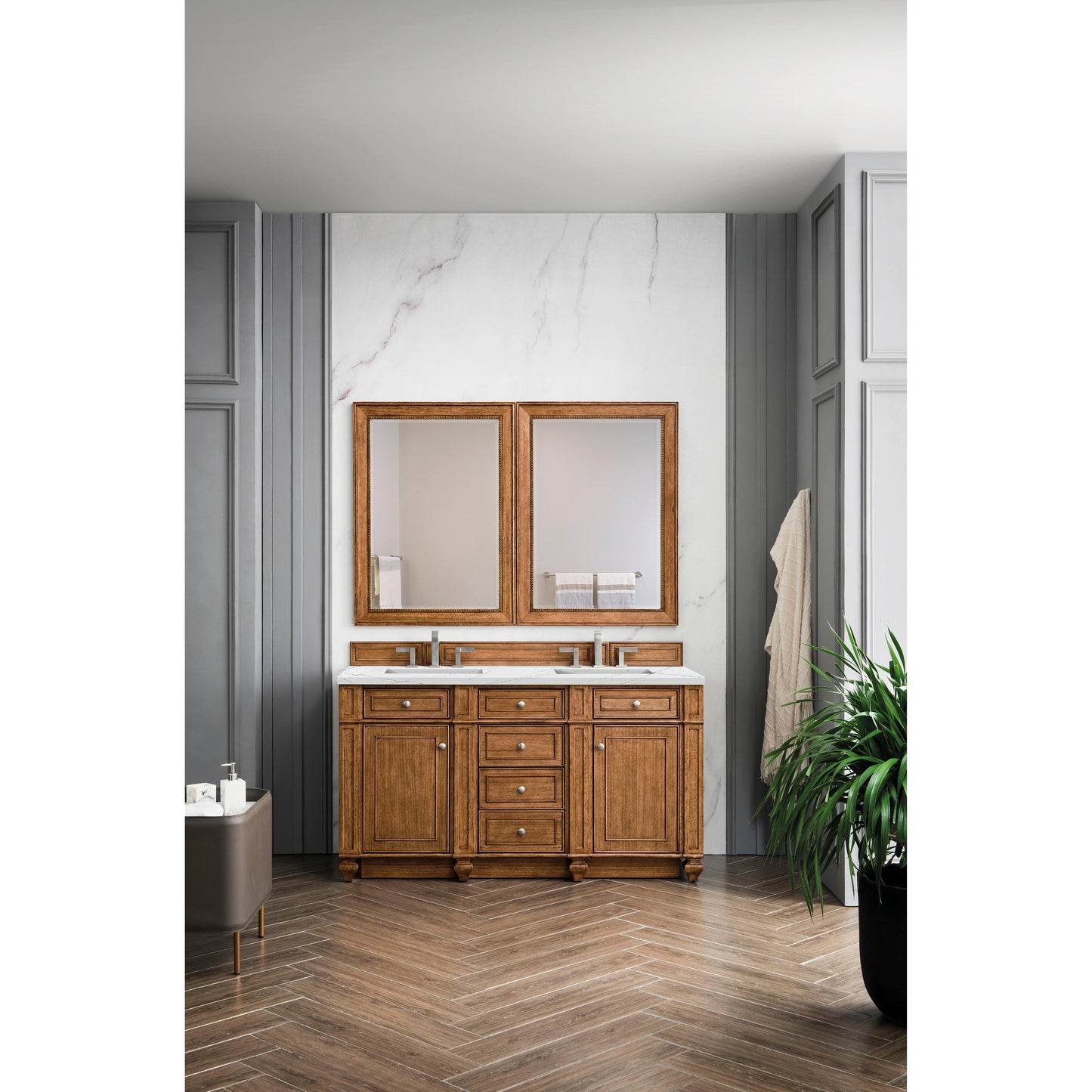 James Martin Vanities Bristol 60" Saddle Brown Double Vanity With 3 cm Ethereal Noctis Silestone Top and FreePower Wireless Charger