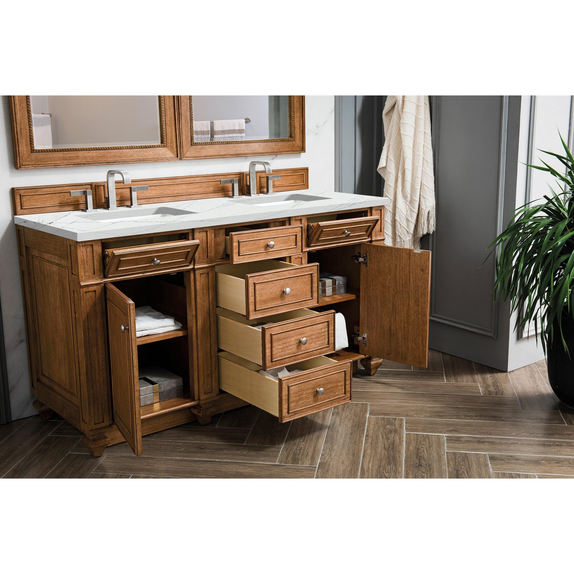 James Martin Vanities Bristol 60" Saddle Brown Double Vanity With 3 cm Ethereal Noctis Silestone Top and FreePower Wireless Charger