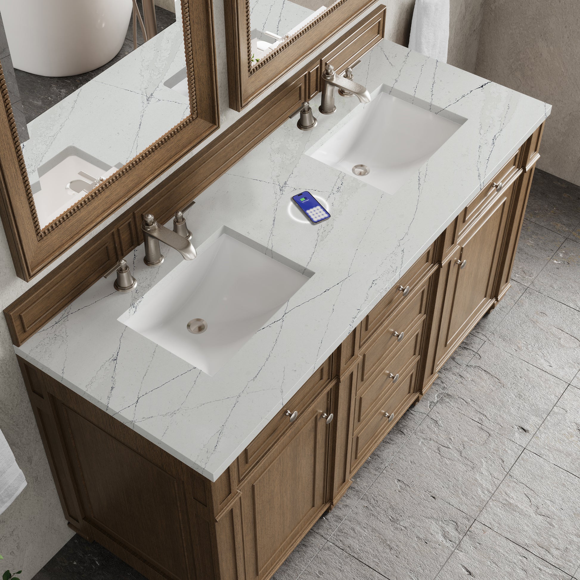 James Martin Vanities Bristol 60" Saddle Brown Double Vanity With 3 cm Ethereal Noctis Silestone Top and FreePower Wireless Charger