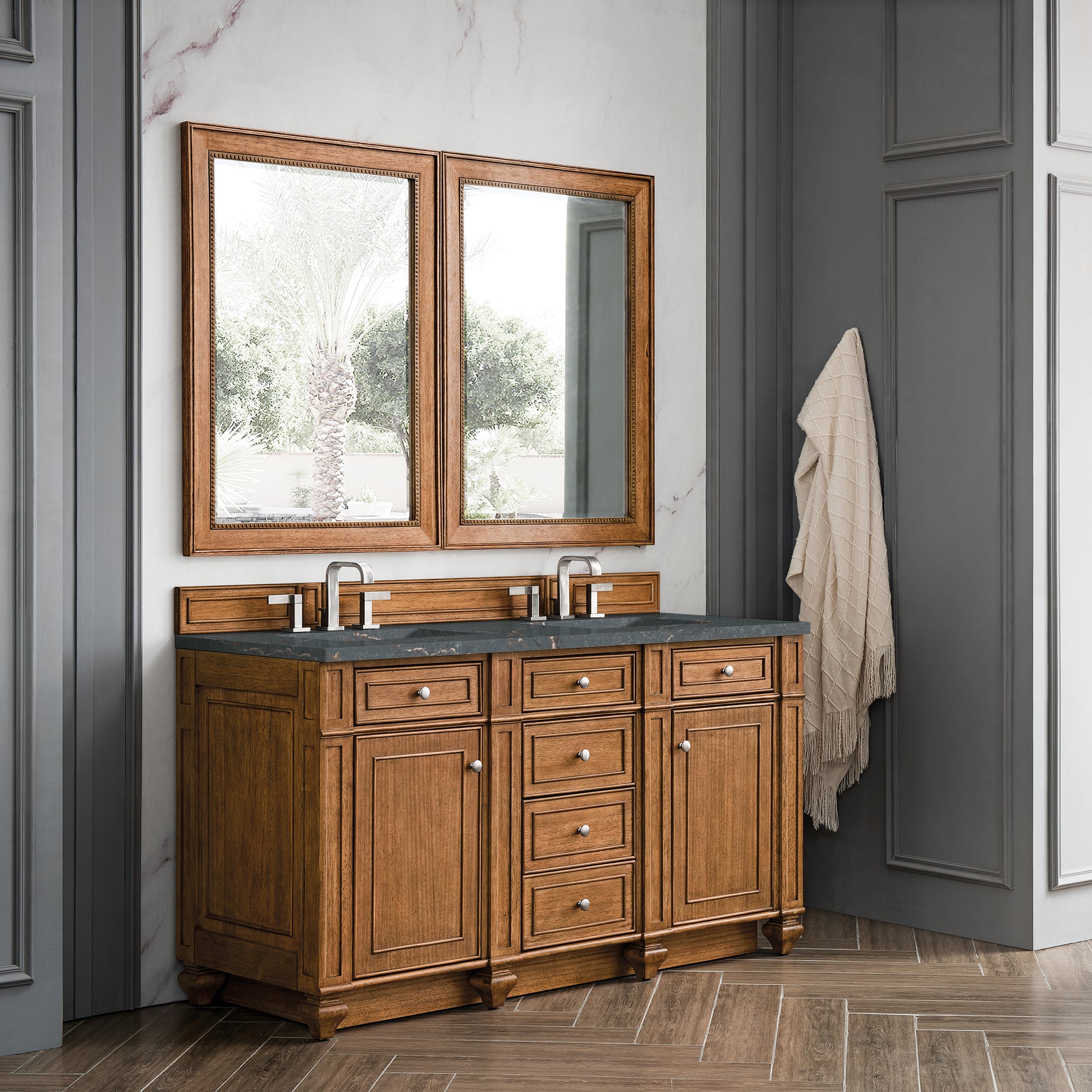 James Martin Vanities Bristol 60" Saddle Brown Double Vanity With 3 cm Parisien Bleu Silestone Top and FreePower Wireless Charger