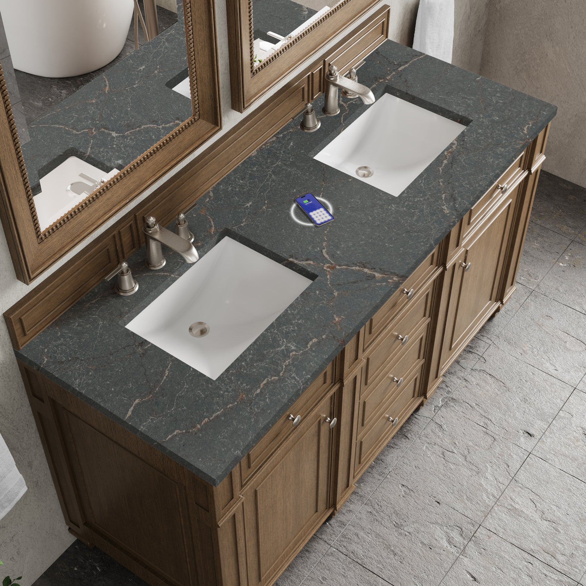 James Martin Vanities Bristol 60" Saddle Brown Double Vanity With 3 cm Parisien Bleu Silestone Top and FreePower Wireless Charger