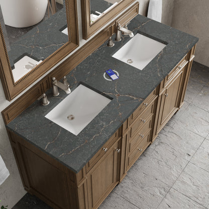 James Martin Vanities Bristol 60" Saddle Brown Double Vanity With 3 cm Parisien Bleu Silestone Top and FreePower Wireless Charger
