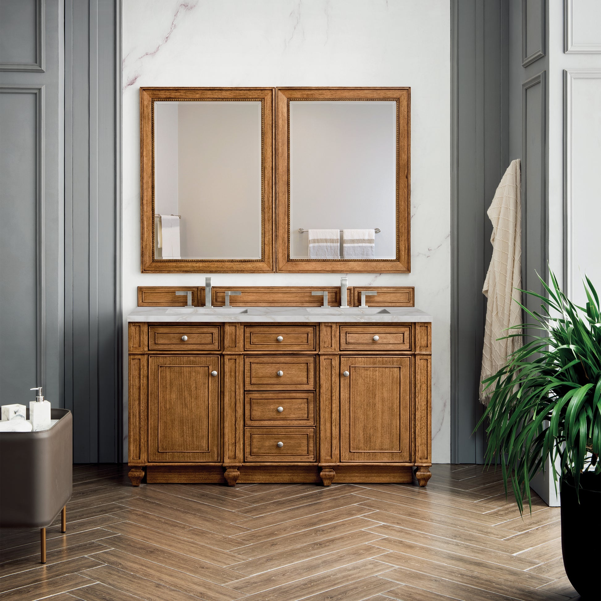 James Martin Vanities Bristol 60" Saddle Brown Double Vanity With 3 cm Victorian Silver Silestone Top and FreePower Wireless Charger