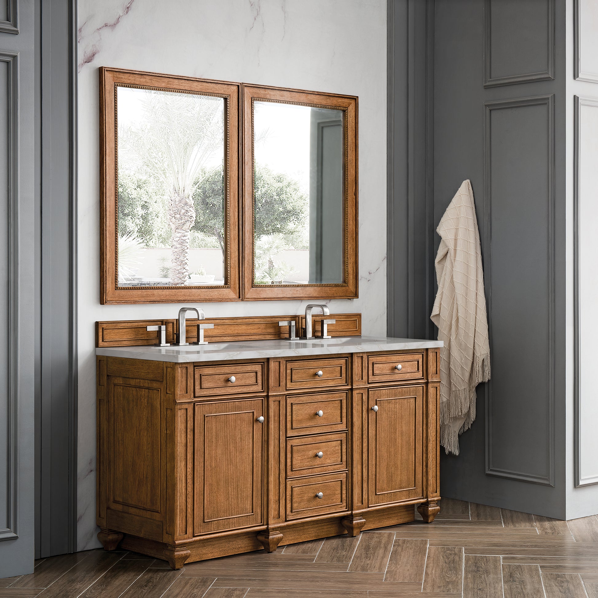 James Martin Vanities Bristol 60" Saddle Brown Double Vanity With 3 cm Victorian Silver Silestone Top and FreePower Wireless Charger