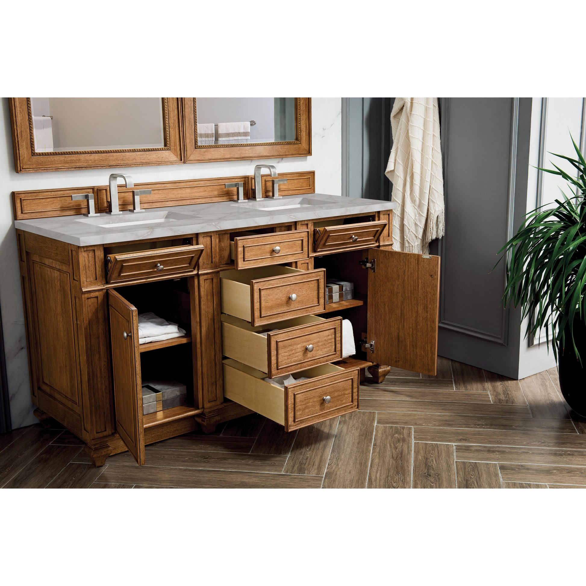 James Martin Vanities Bristol 60" Saddle Brown Double Vanity With 3 cm Victorian Silver Silestone Top and FreePower Wireless Charger