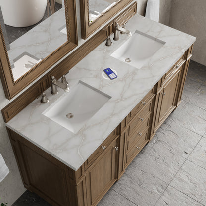 James Martin Vanities Bristol 60" Saddle Brown Double Vanity With 3 cm Victorian Silver Silestone Top and FreePower Wireless Charger