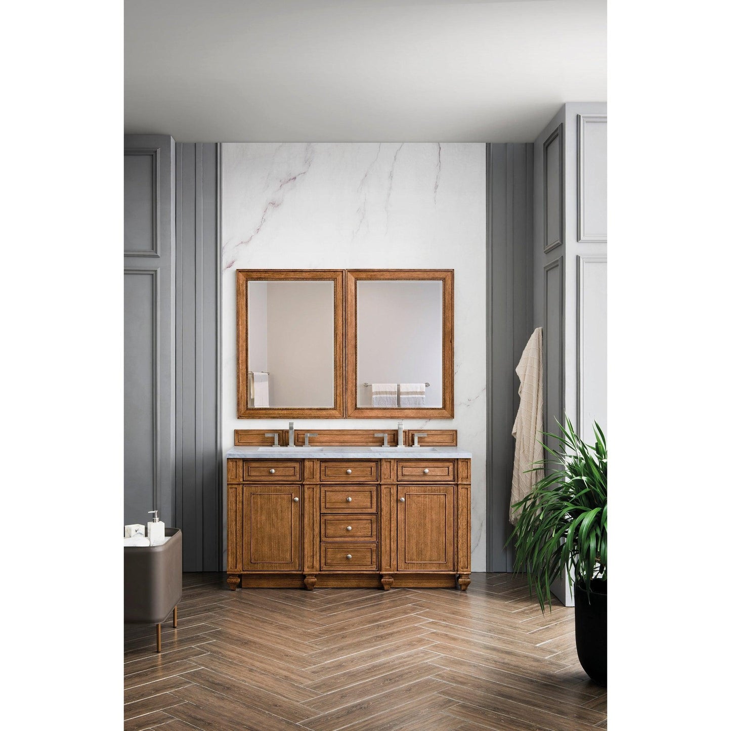 James Martin Vanities Bristol 60" Saddle Brown Double Vanity With 3cm Arctic Fall Solid Surface Top