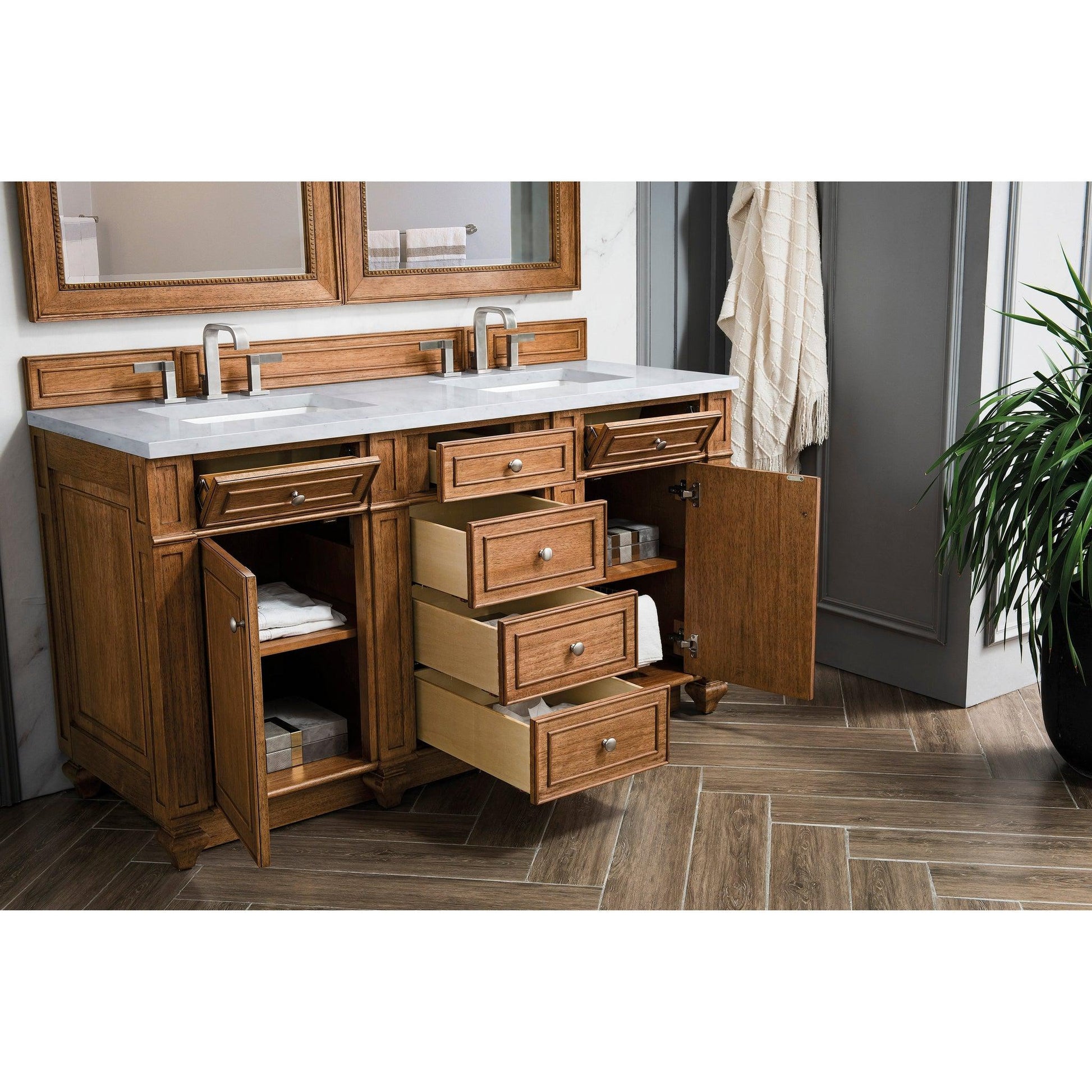 James Martin Vanities Bristol 60" Saddle Brown Double Vanity With 3cm Arctic Fall Solid Surface Top