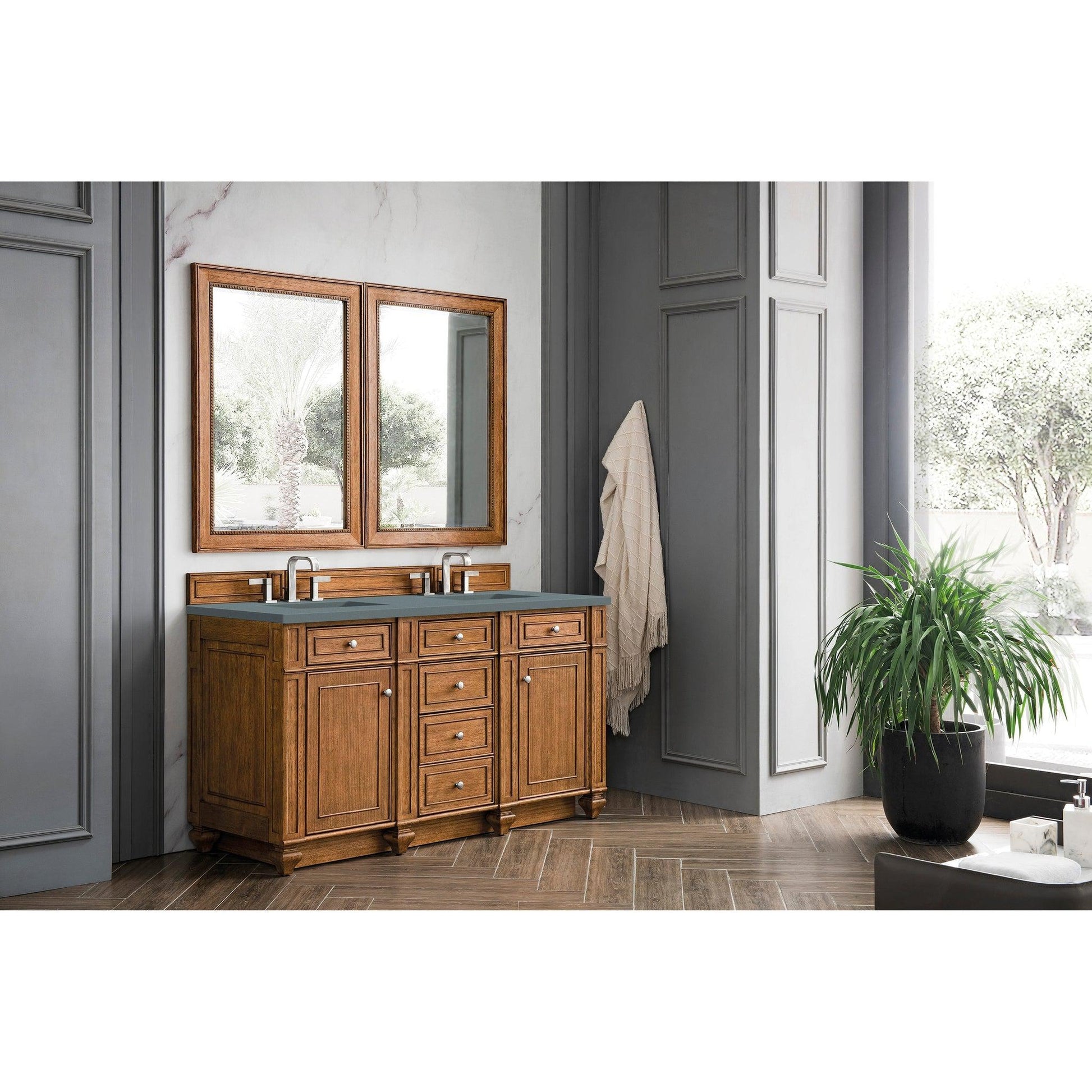 James Martin Vanities Bristol 60" Saddle Brown Double Vanity With 3cm Cala Blue Quartz Top