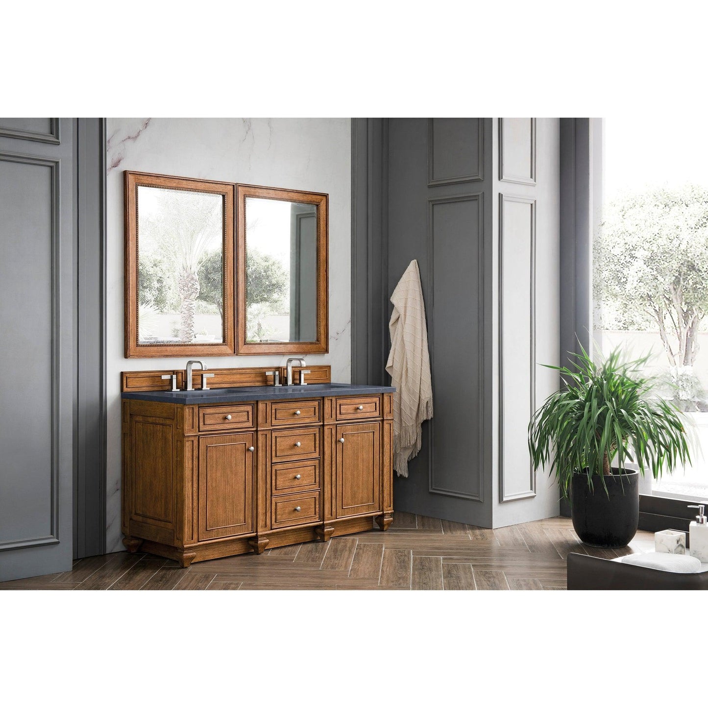 James Martin Vanities Bristol 60" Saddle Brown Double Vanity With 3cm Charcoal Soapstone Quartz Top