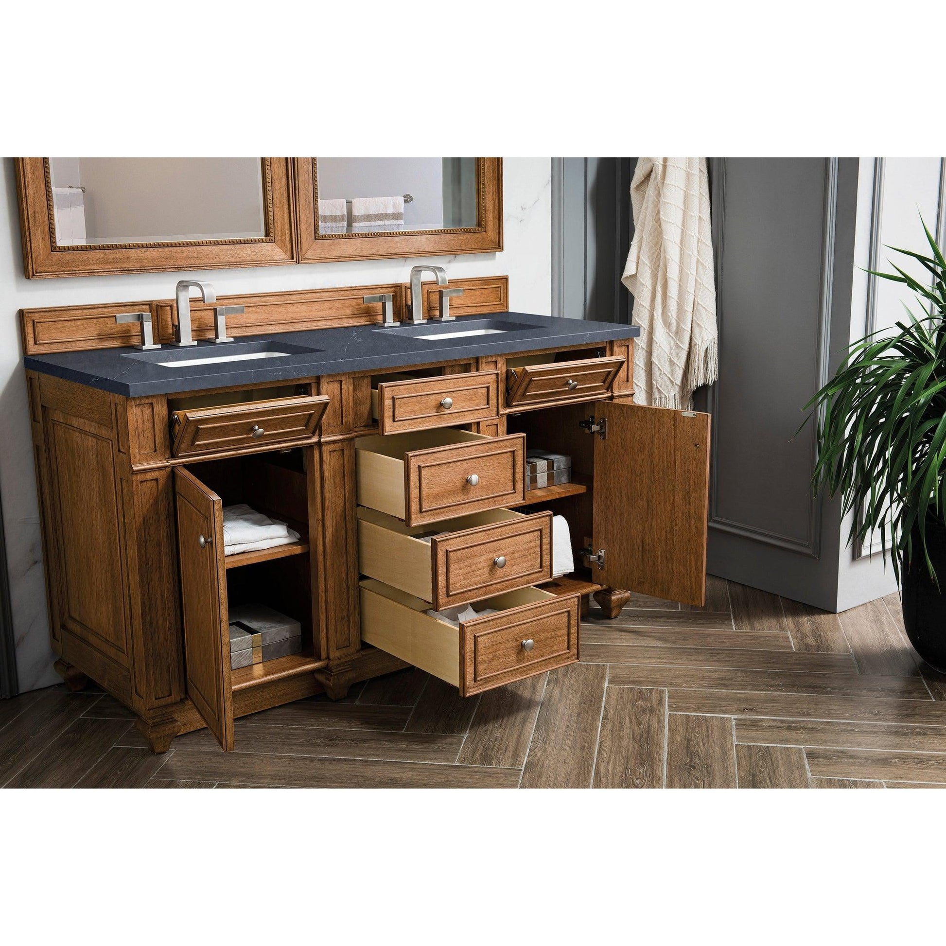 James Martin Vanities Bristol 60" Saddle Brown Double Vanity With 3cm Charcoal Soapstone Quartz Top