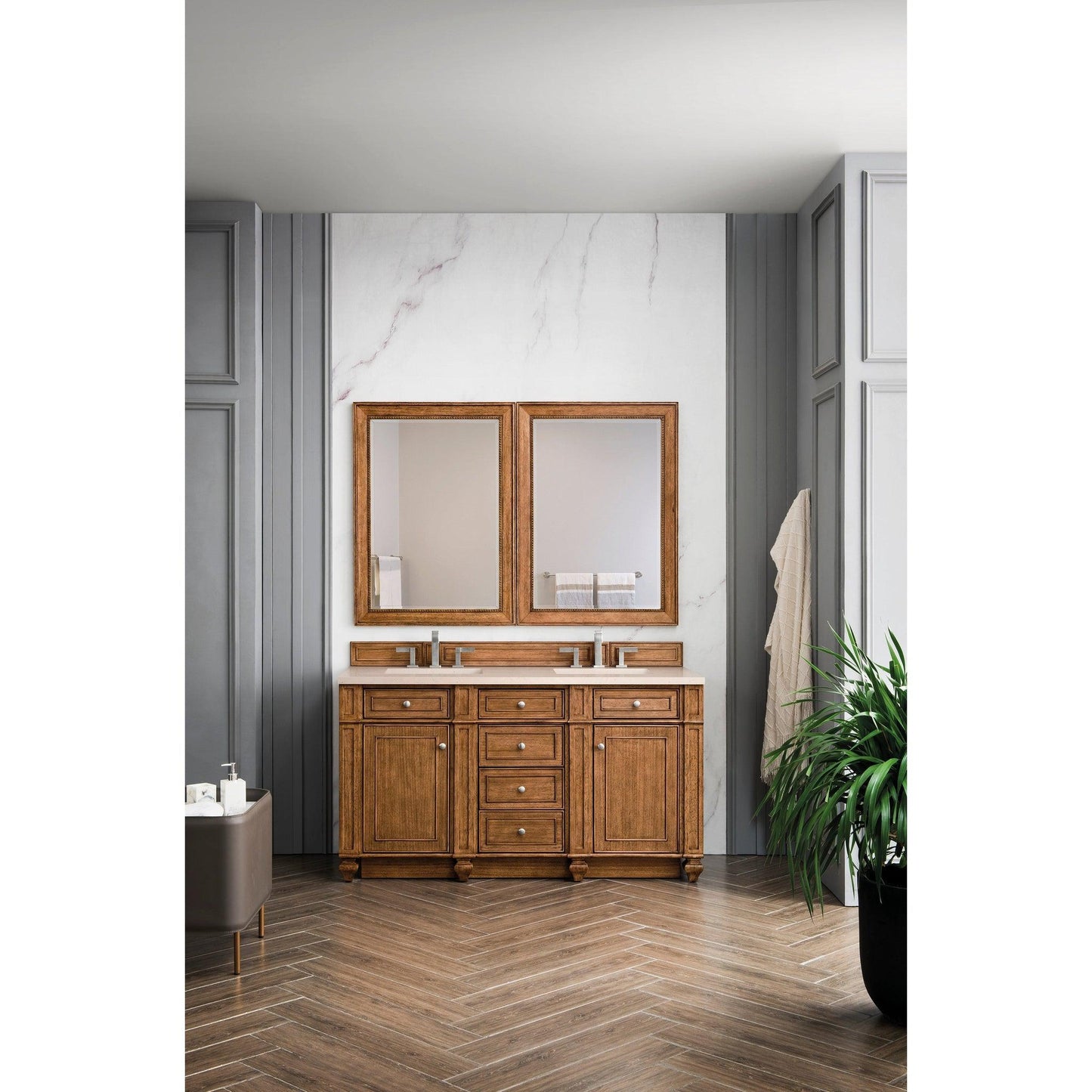 James Martin Vanities Bristol 60" Saddle Brown Double Vanity With 3cm Eternal Marfil Quartz Top