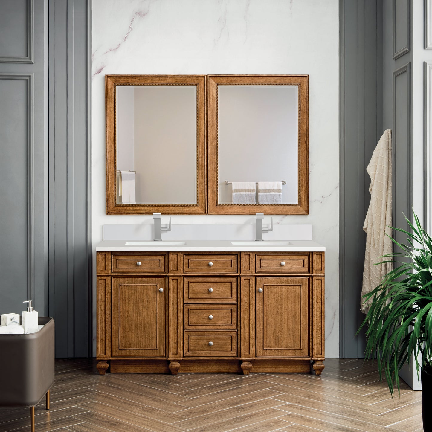 James Martin Vanities Bristol 60" Saddle Brown Double Vanity With Single Hole 3 cm White Zeus Quartz Top & Backsplash