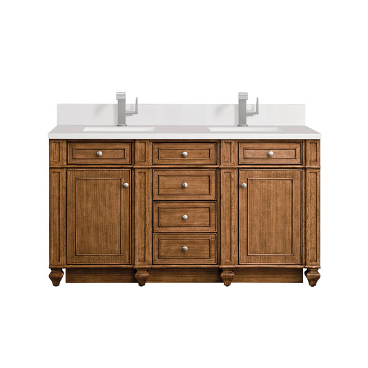 James Martin Vanities Bristol 60" Saddle Brown Double Vanity With Single Hole 3 cm White Zeus Quartz Top & Backsplash