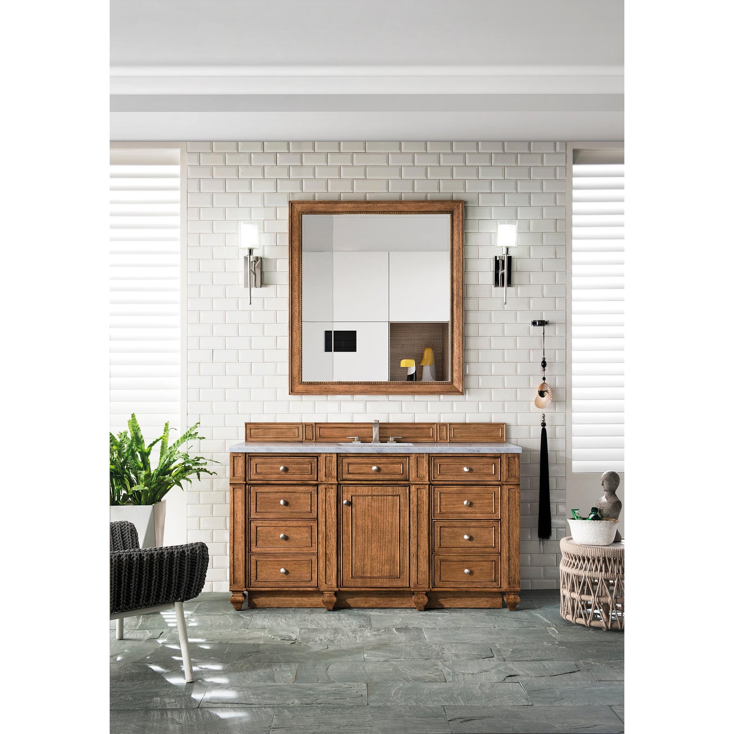 James Martin Vanities Bristol 60" Saddle Brown Single Vanity With 3 cm Eternal Jasmine Pearl Silestone Top and FreePower Wireless Charger