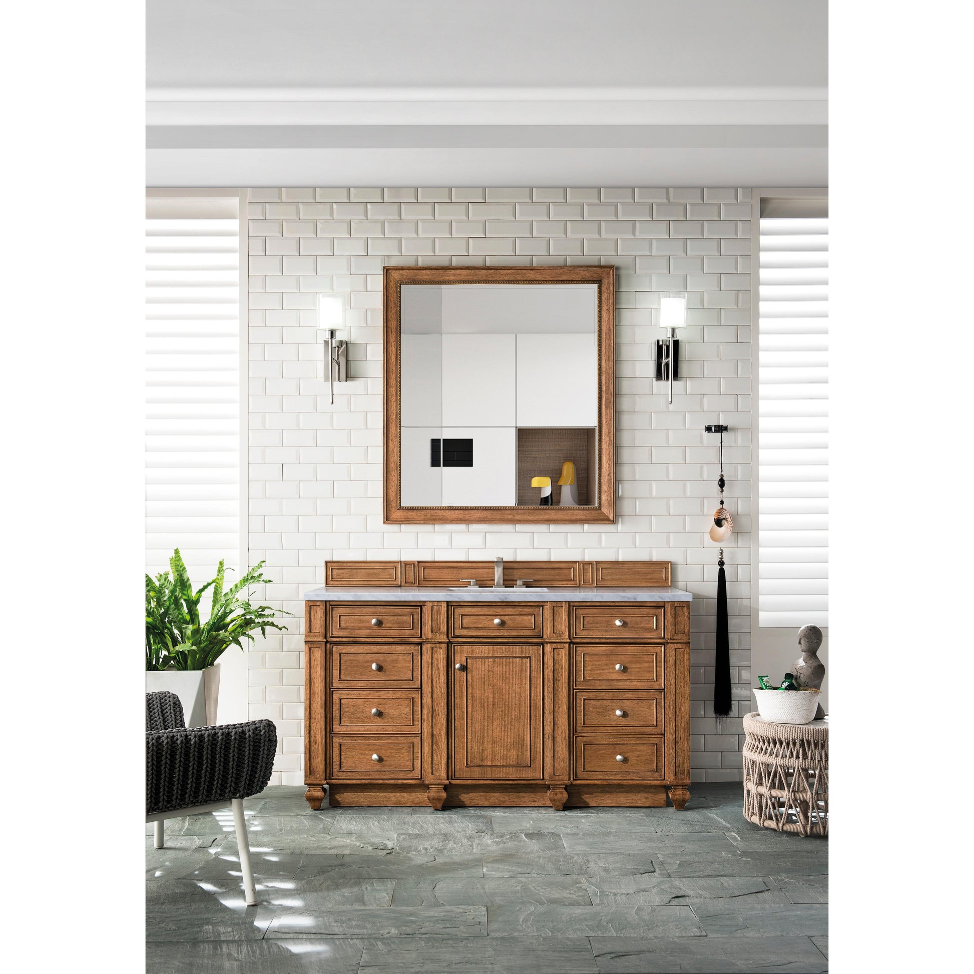 James Martin Vanities Bristol 60" Saddle Brown Single Vanity With 3 cm Eternal Jasmine Pearl Silestone Top and FreePower Wireless Charger