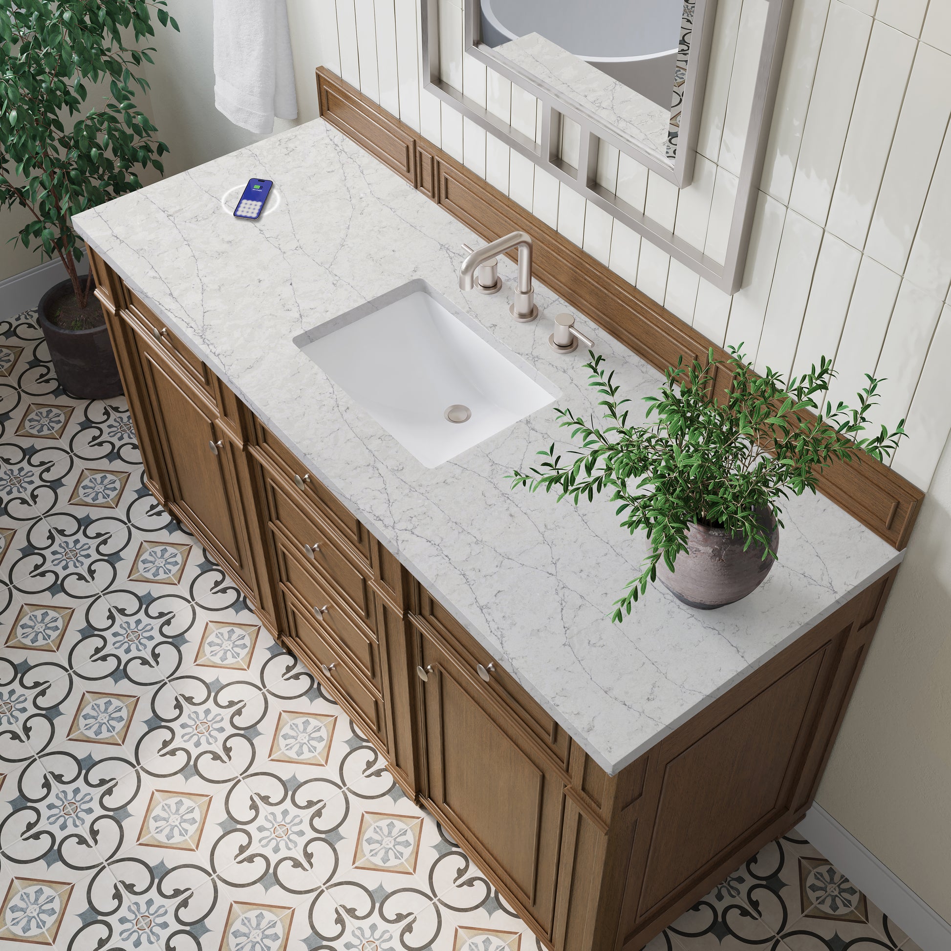 James Martin Vanities Bristol 60" Saddle Brown Single Vanity With 3 cm Eternal Jasmine Pearl Silestone Top and FreePower Wireless Charger