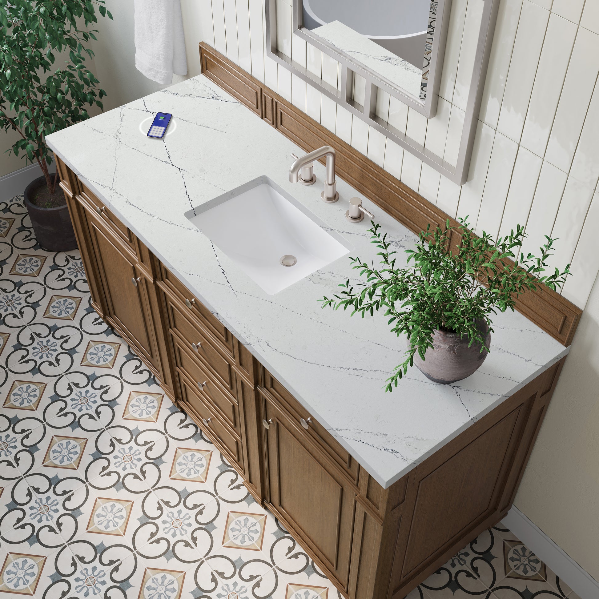 James Martin Vanities Bristol 60" Saddle Brown Single Vanity With 3 cm Ethereal Noctis Silestone Top and FreePower Wireless Charger