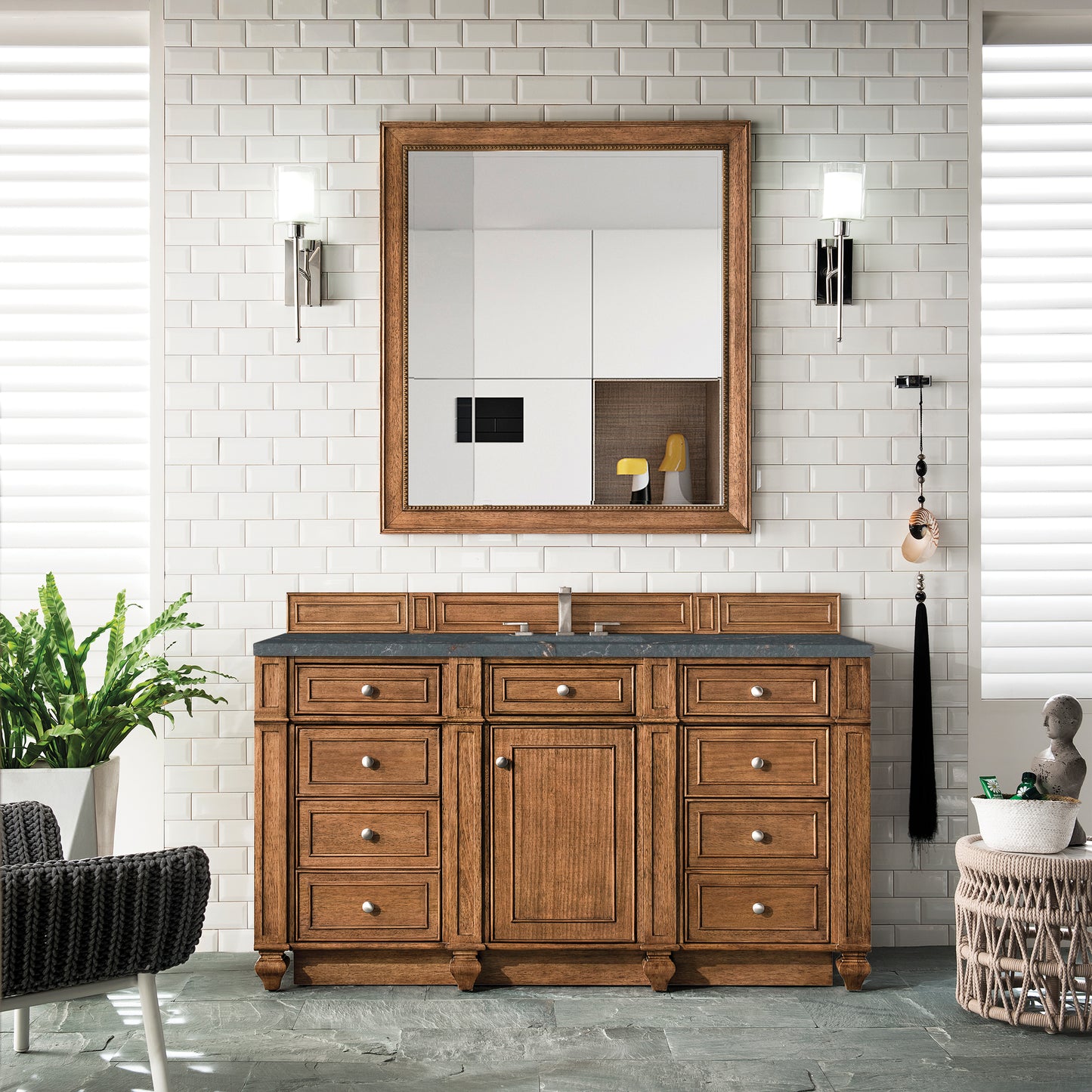 James Martin Vanities Bristol 60" Saddle Brown Single Vanity With 3 cm Parisien Bleu Silestone Top and FreePower Wireless Charger