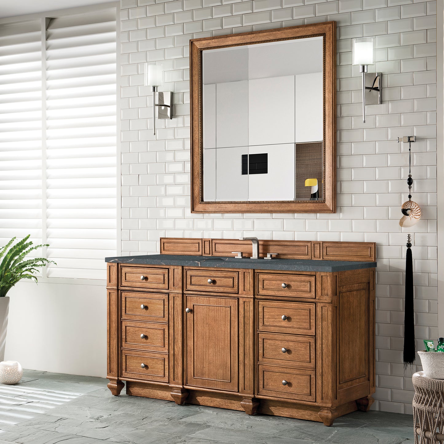 James Martin Vanities Bristol 60" Saddle Brown Single Vanity With 3 cm Parisien Bleu Silestone Top and FreePower Wireless Charger