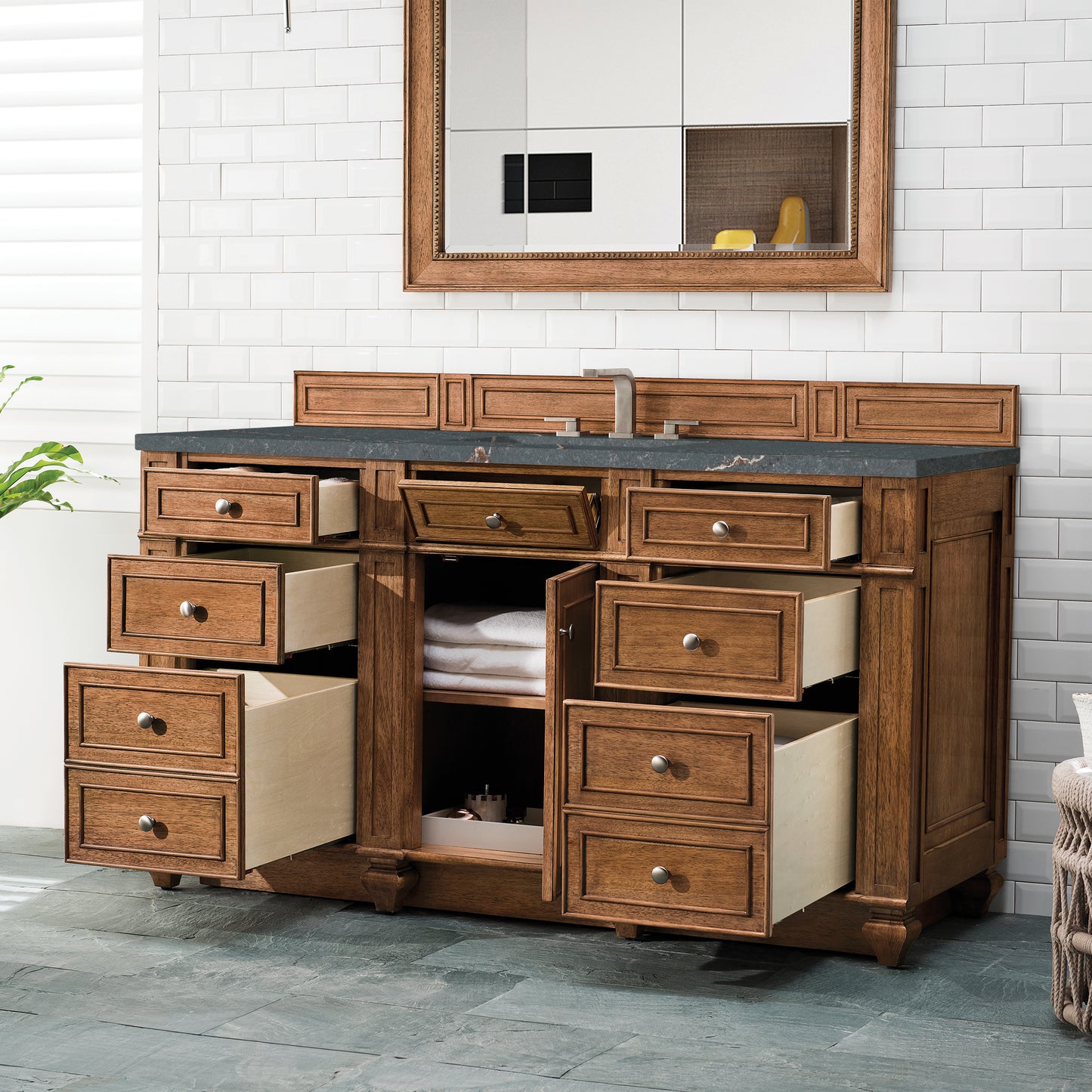 James Martin Vanities Bristol 60" Saddle Brown Single Vanity With 3 cm Parisien Bleu Silestone Top and FreePower Wireless Charger