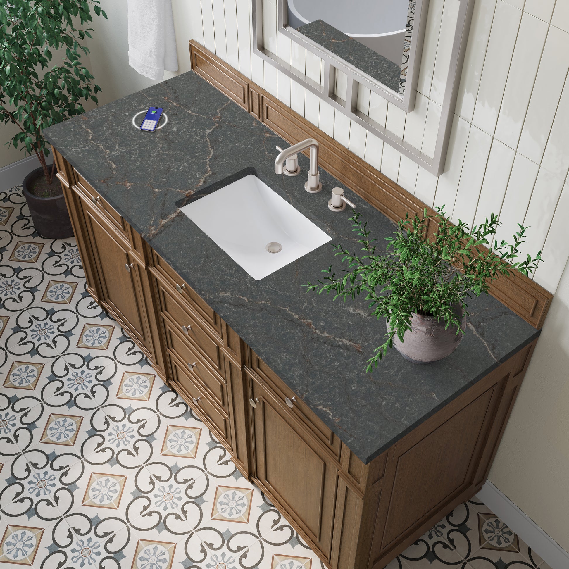 James Martin Vanities Bristol 60" Saddle Brown Single Vanity With 3 cm Parisien Bleu Silestone Top and FreePower Wireless Charger