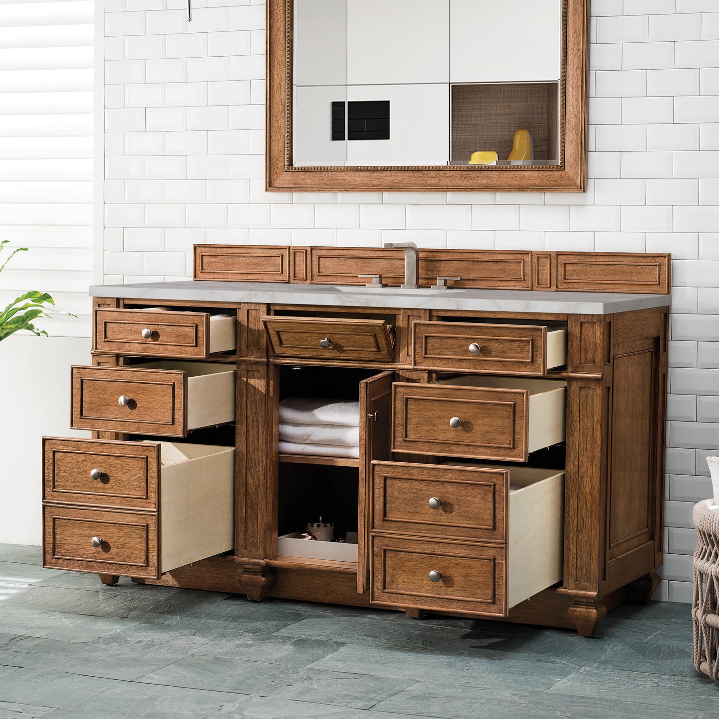 James Martin Vanities Bristol 60" Saddle Brown Single Vanity With 3 cm Victorian Silver Quartz Top