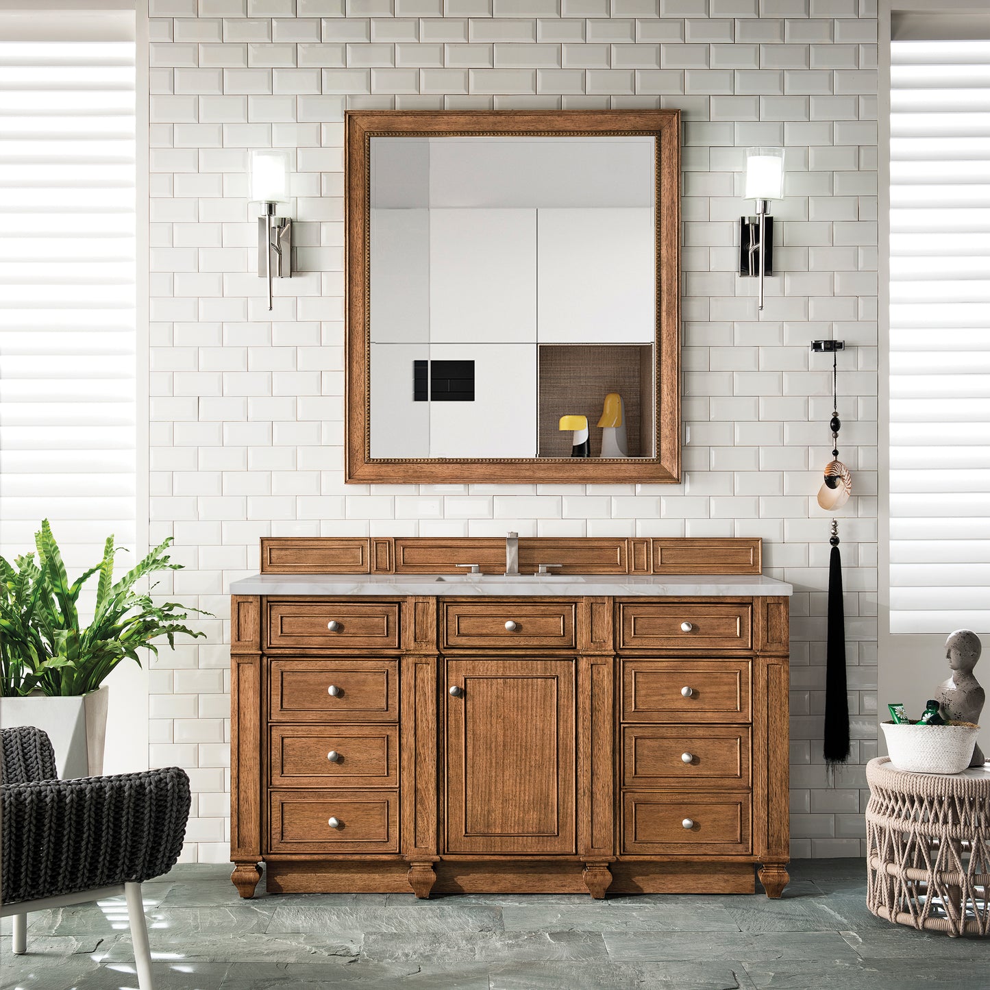James Martin Vanities Bristol 60" Saddle Brown Single Vanity With 3 cm Victorian Silver Silestone Top and FreePower Wireless Charger