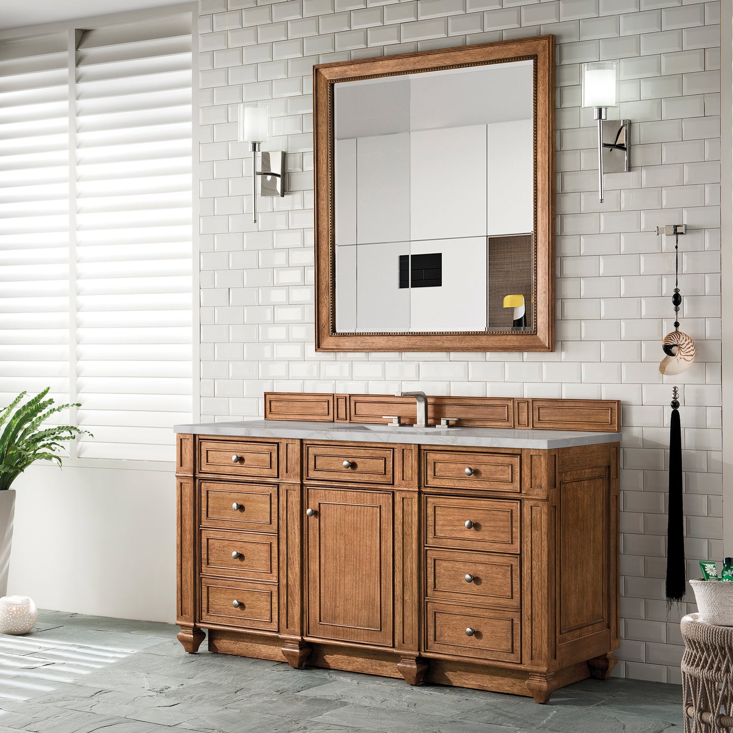 James Martin Vanities Bristol 60" Saddle Brown Single Vanity With 3 cm Victorian Silver Silestone Top and FreePower Wireless Charger