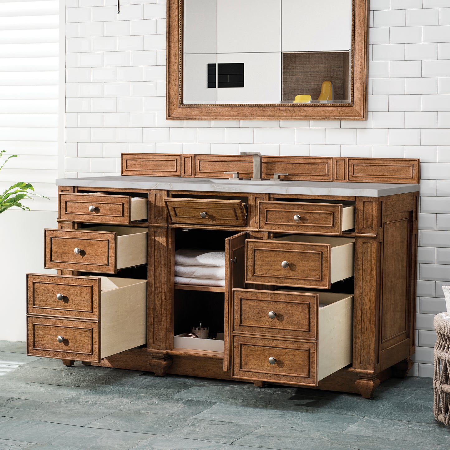 James Martin Vanities Bristol 60" Saddle Brown Single Vanity With 3 cm Victorian Silver Silestone Top and FreePower Wireless Charger