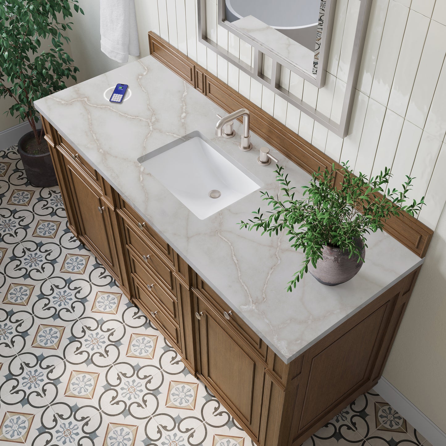 James Martin Vanities Bristol 60" Saddle Brown Single Vanity With 3 cm Victorian Silver Silestone Top and FreePower Wireless Charger