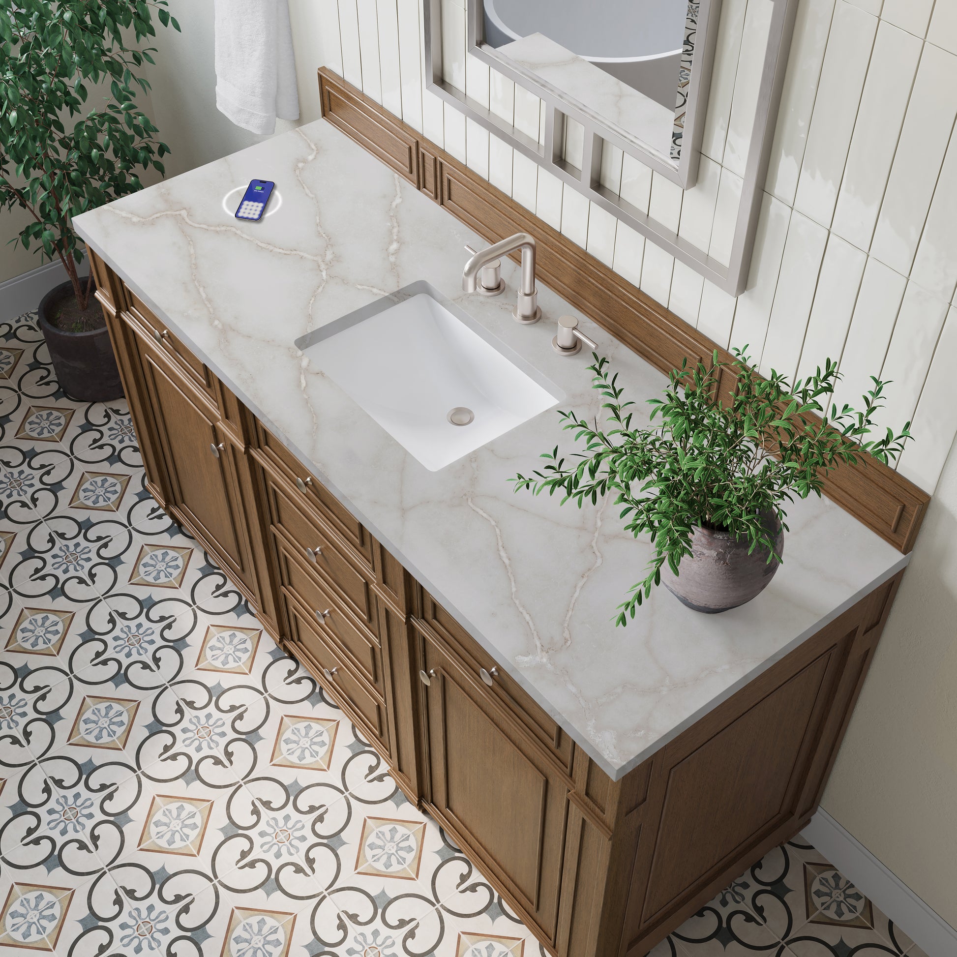 James Martin Vanities Bristol 60" Saddle Brown Single Vanity With 3 cm Victorian Silver Silestone Top and FreePower Wireless Charger