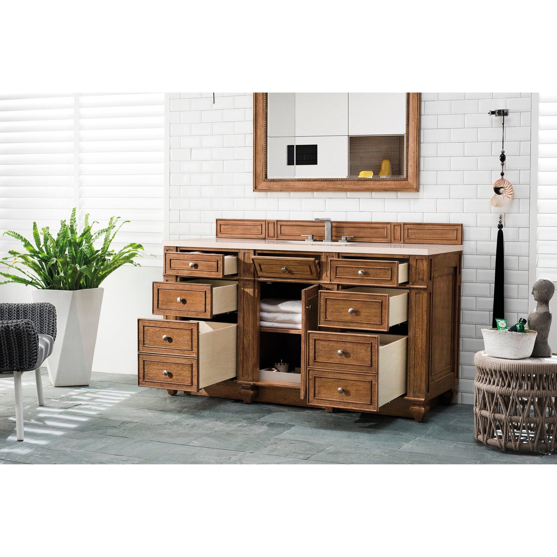 James Martin Vanities Bristol 60" Saddle Brown Single Vanity With 3cm Eternal Marfil Quartz Top