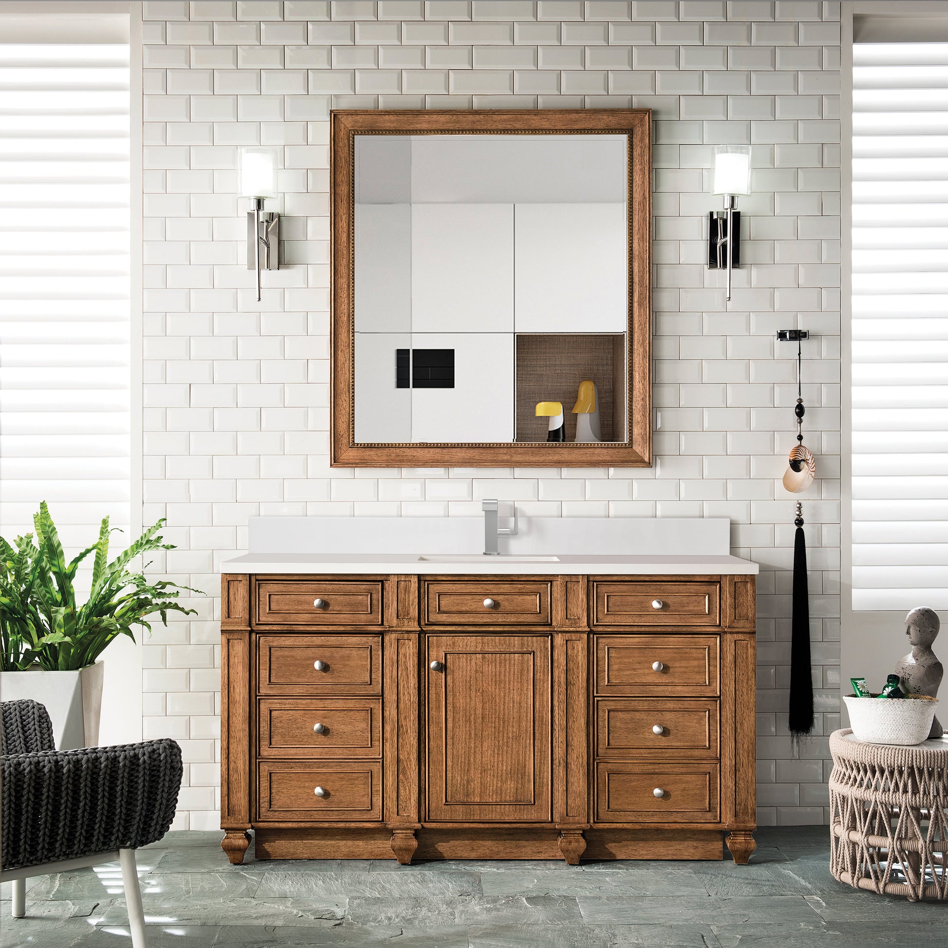 James Martin Vanities Bristol 60" Saddle Brown Single Vanity With Single Hole 3 cm White Zeus Quartz Top & Backsplash