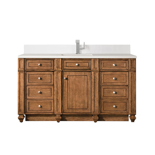 James Martin Vanities Bristol 60" Saddle Brown Single Vanity With Single Hole 3 cm White Zeus Quartz Top & Backsplash