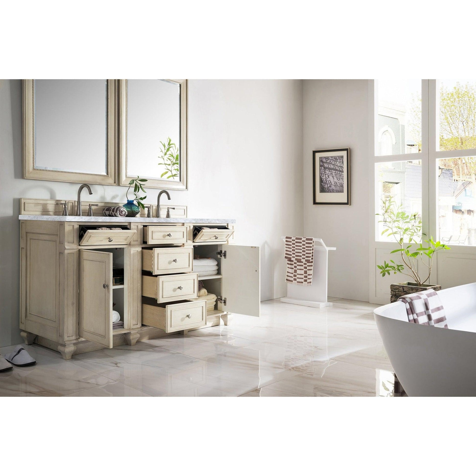 James Martin Vanities Bristol 60" Vintage Vanilla Double Vanity With 3cm Carrara Marble Top