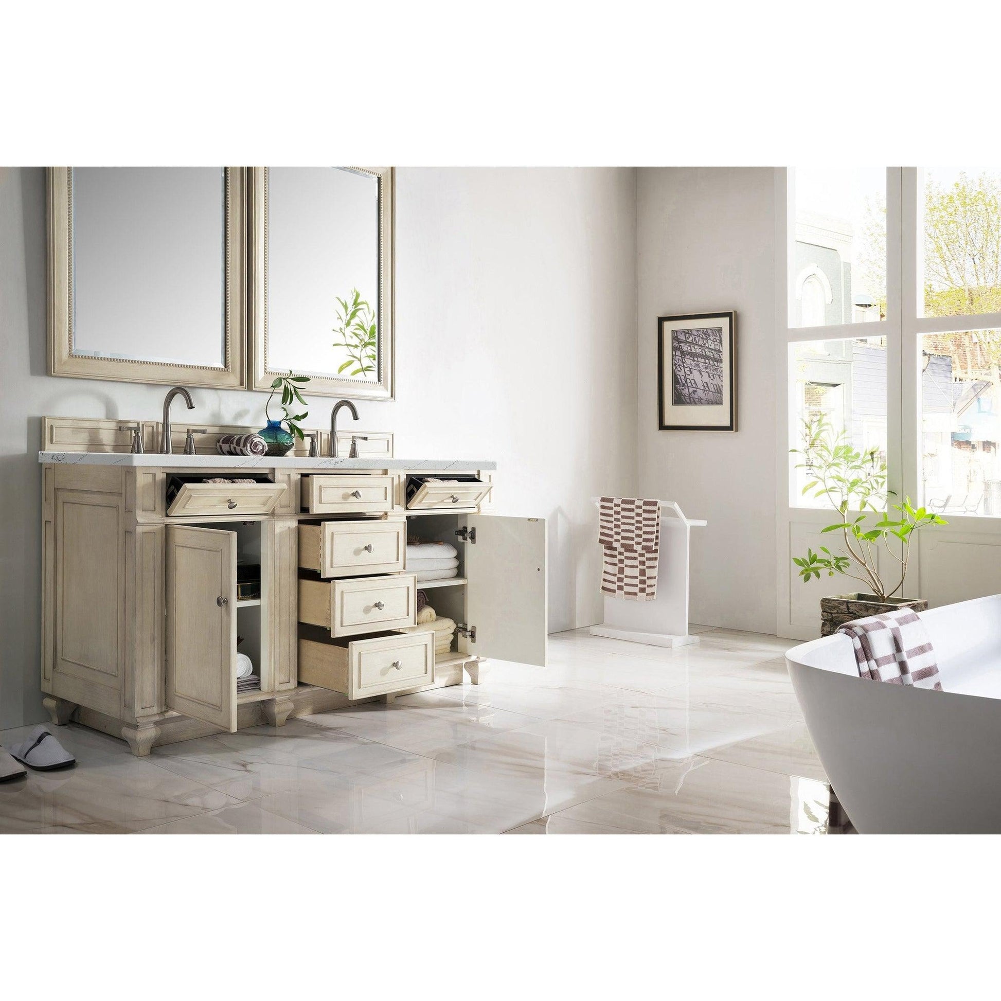 James Martin Vanities Bristol 60" Vintage Vanilla Double Vanity With 3cm Ethereal Noctis Quartz Top